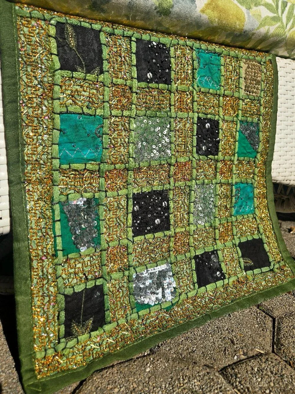 Vintage Pier 1 Imports Beaded Patchwork Placemat – Green & Gold Boho Table Decor